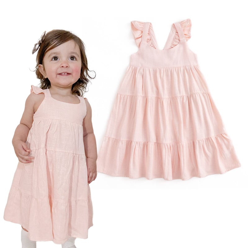 Curipeer Baby Girl Cotton Linen Dress with Smocking Casual Infant Dress Sleeveless Pink 2 Years - Image 1